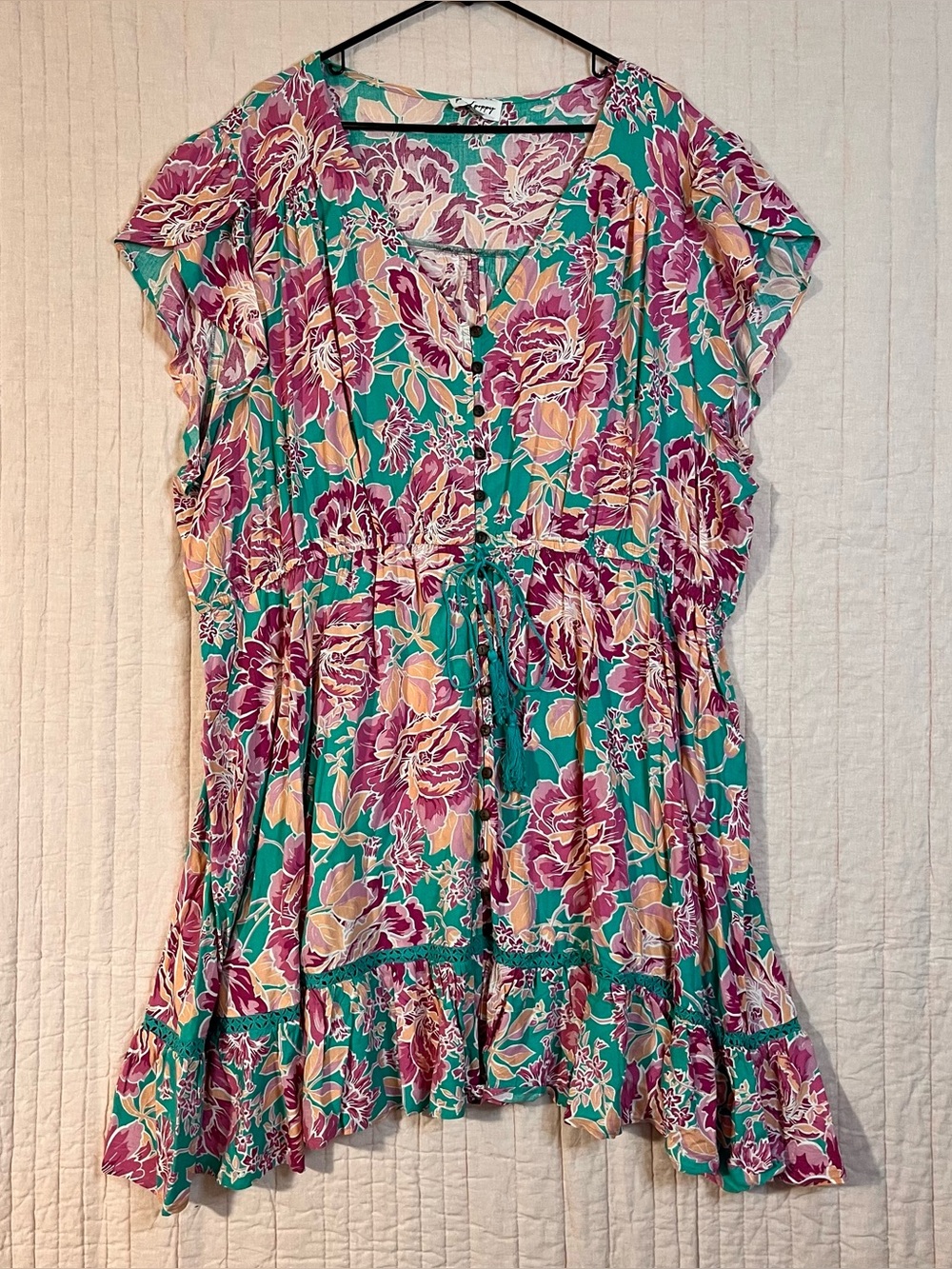 Proud Poppy Floral Cottagecore Summer Dress Teal & Magenta Pink Women plus Sz 18